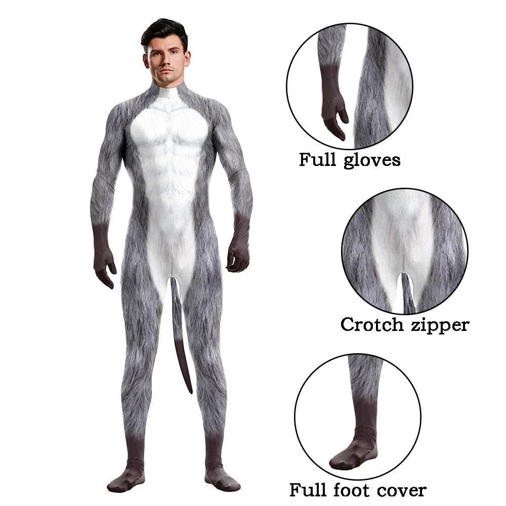 Animal Cosplay Carnival Costume Adults Bodysuit Unisex with Paws and Tail