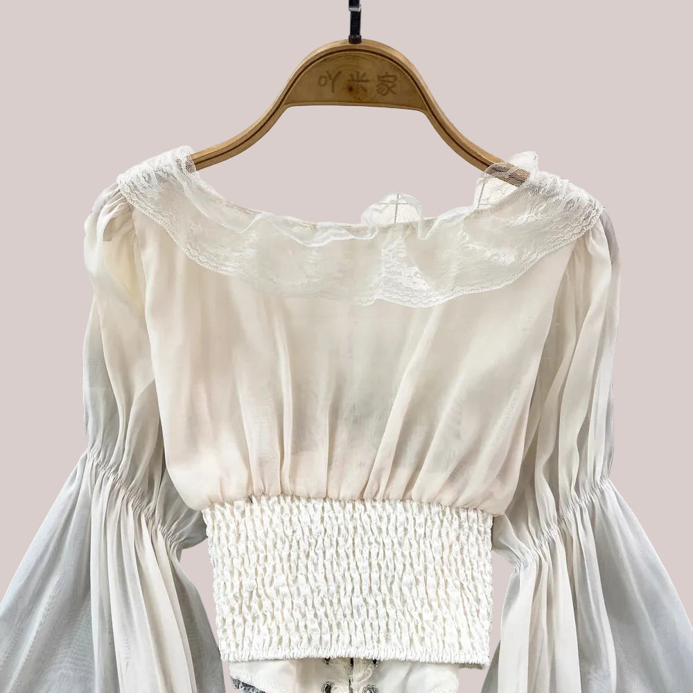 French Court Blouse Chiffon Lace Lace-up Top