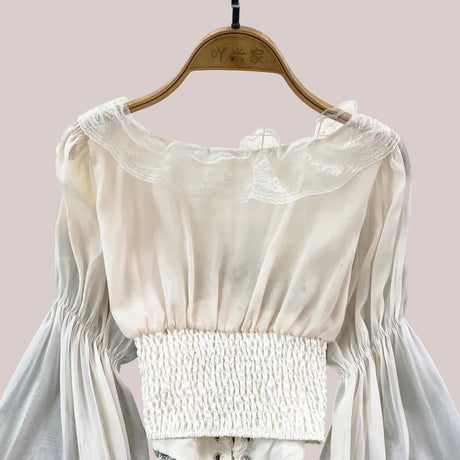 French Court Blouse Chiffon Lace Lace-up Top