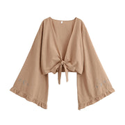 Boho Star Moon Embroidered Short Kimono Wrap Top Ruffled Flare Sleeves Cover-ups