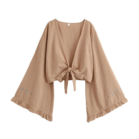 Boho Star Moon Embroidered Short Kimono Wrap Top Ruffled Flare Sleeves Cover-ups