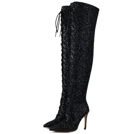 Gold Silver Red Lace-Up Over the Knee High Stiletto Boots