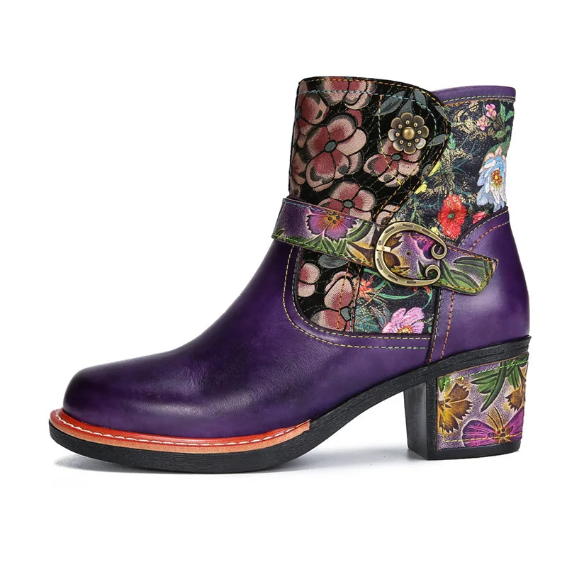 Violet's Floral Boots Genuine Leather Hand-painted Short Boots