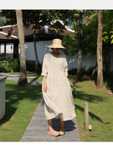 Evie's Vintage French Style Cotton Linen Dress Long Sleeveless Loose Wrap