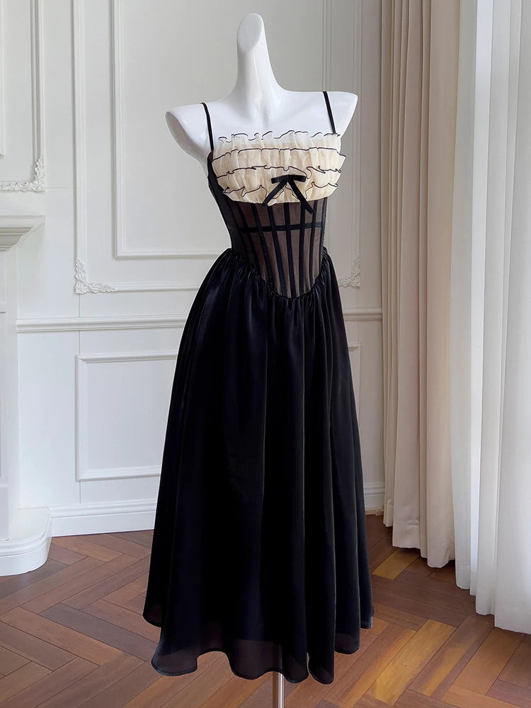 Justine's French Black Lace Sling Spliced Ruffles Bandage Backless Dress