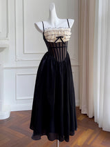 Justine's French Black Lace Sling Spliced Ruffles Bandage Backless Dress