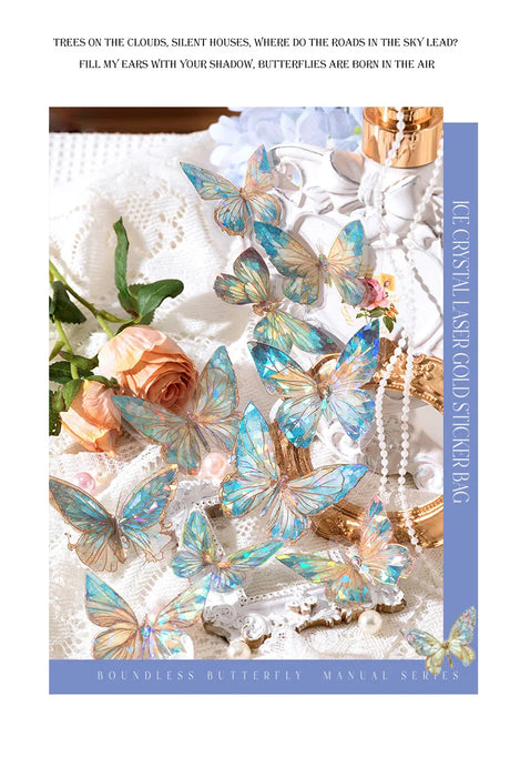 20pcs Ice Crystal Laser Butterfly PET Stickers DIY Scrapbooking Junk Journaling