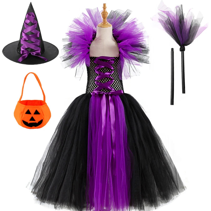 Girls Witch Ghost Vampire Halloween Costume Fluffy Tulle Dress