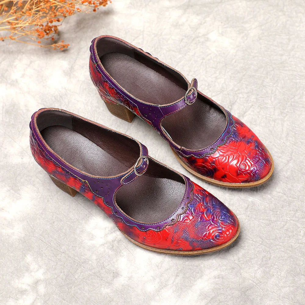Sally's Embossed Genuine Leather Red Pump Heels Shoes