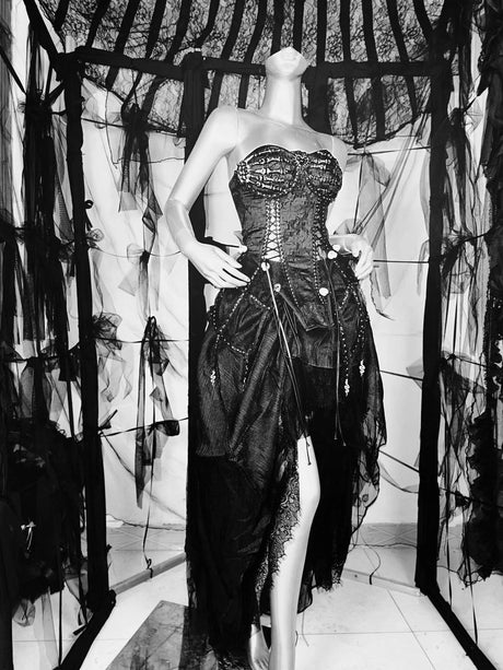 Pure Black Gothic Black Skeleton Hands Laced Corset Top