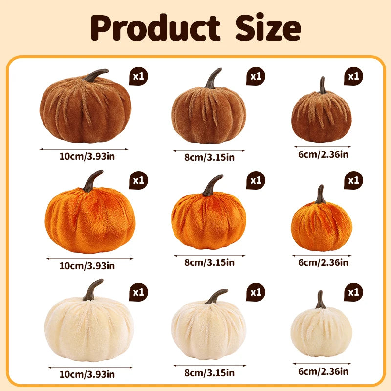 9pcs Velvet Artificial Pumpkins 3 Size Mixed Halloween Party Thanksgiving Home Table Decoration Autumn Fall Decor