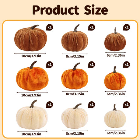 9pcs Velvet Artificial Pumpkins 3 Size Mixed Halloween Party Thanksgiving Home Table Decoration Autumn Fall Decor