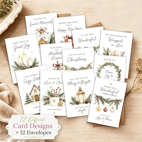 Pack of 12 Christmas Greeting Cards Twelve Different Watercolour Rustic Designs