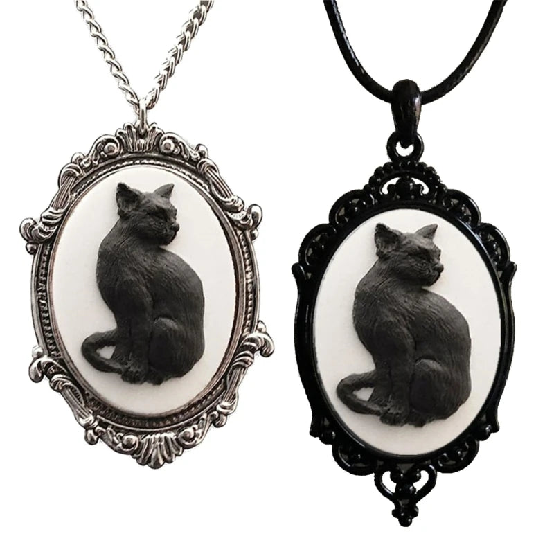 Familiar Black Cat Cameo Necklace Halloween Jewellery