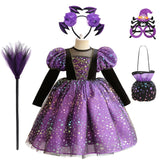 Purple Witch Girls Halloween Costume Star Tulle Party Dresses with Props