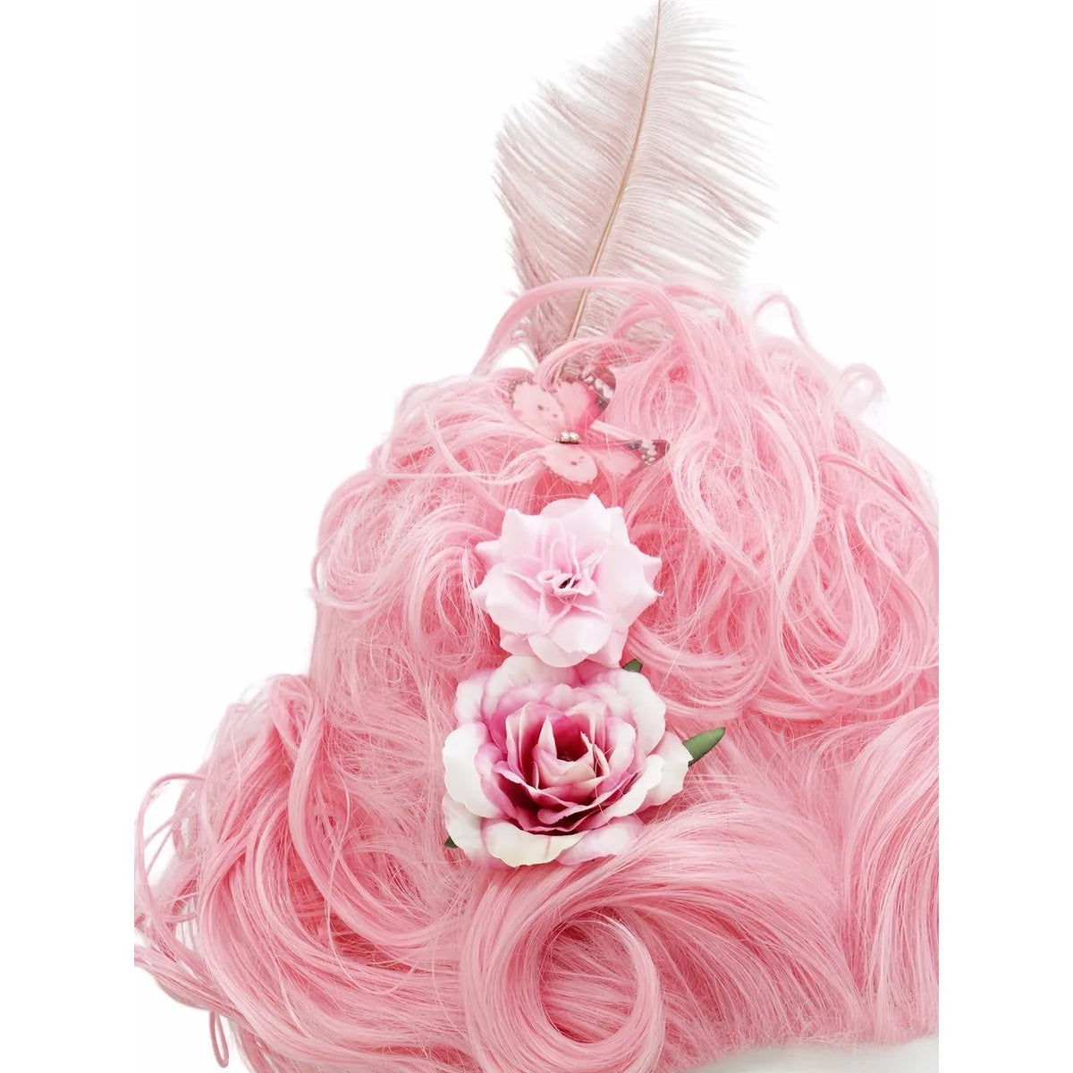 Pink Fluffy High-Top Cosplay Wig Queen's Hairstyle with Feather Flowers