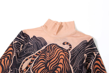 Tiger Print Mesh Dress Long Top Waist High Splits High Elasticity