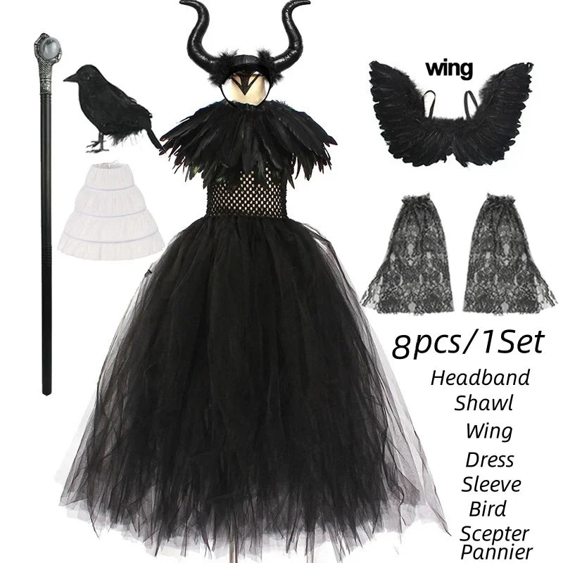 Girls Maleficent Black Tutu Halloween Costume with Feather Shawl