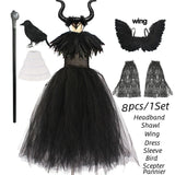 Girls Maleficent Black Tutu Halloween Costume with Feather Shawl