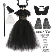 Girls Maleficent Black Tutu Halloween Costume with Feather Shawl