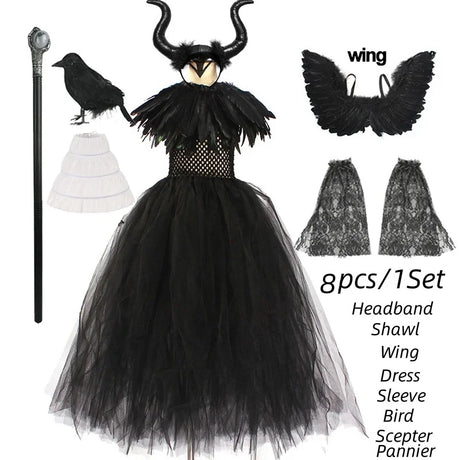 Girls Maleficent Black Tutu Halloween Costume with Feather Shawl