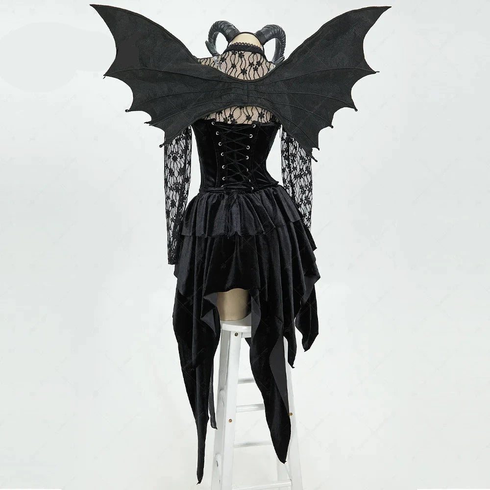 Gothic Black Devil Costume Set Lace Top Adjustable Corset with Irregular Skirt and Bat Wings for Halloween