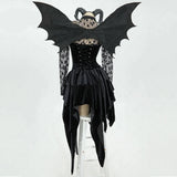 Gothic Black Devil Costume Set Lace Top Adjustable Corset with Irregular Skirt and Bat Wings for Halloween