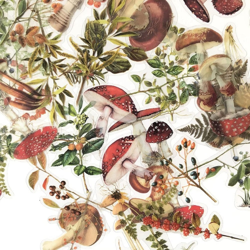80 PCS Mushrooms Plant Stickers Set PET Transparent Nature Stickers for Scrapbooking