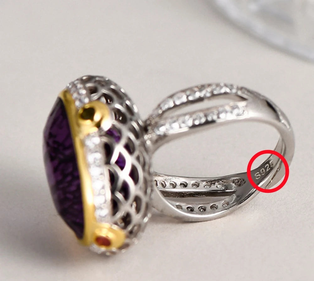 Lady of the Depths S925 Sterling Silver Ring Natural Amethyst Occidental Topaz Zircon