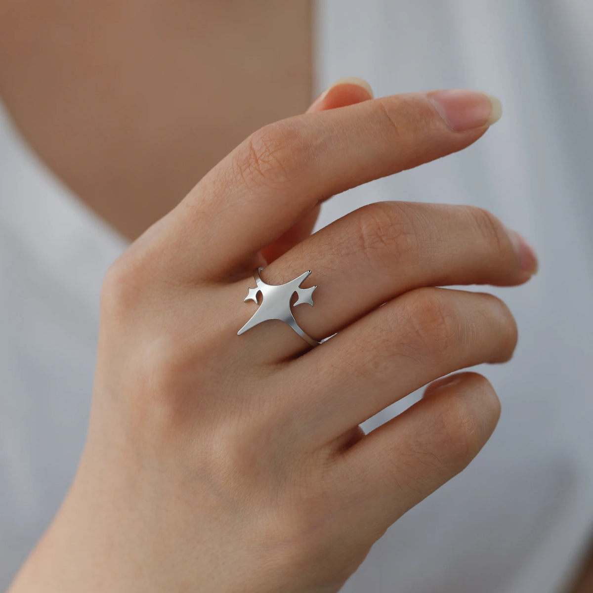 Four Pointed Sparkle Star Ring Stainless Steel
