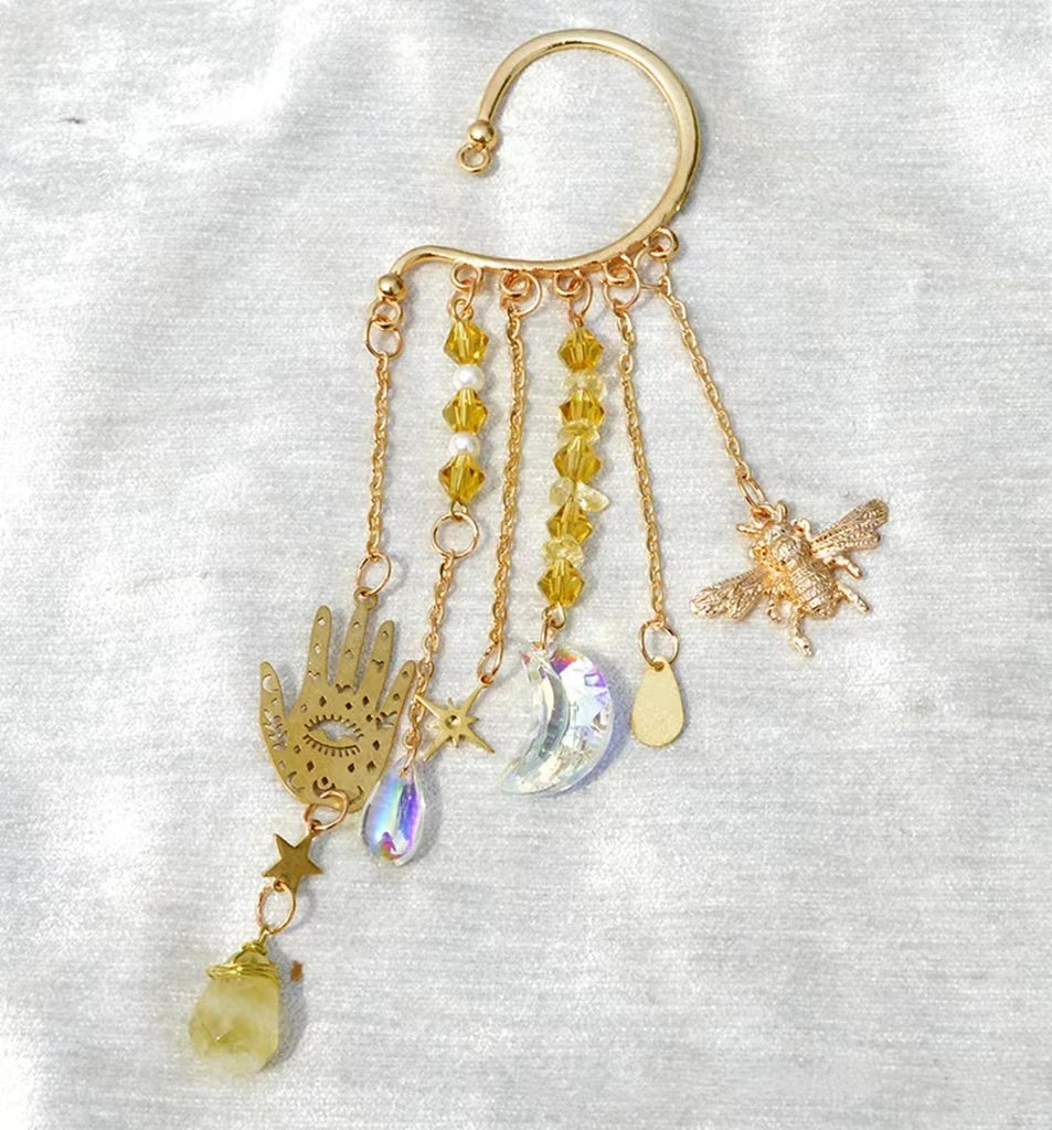 Natural Quartz Crystal Charm Ear Cuffs Sun Moon Single Ear Clip