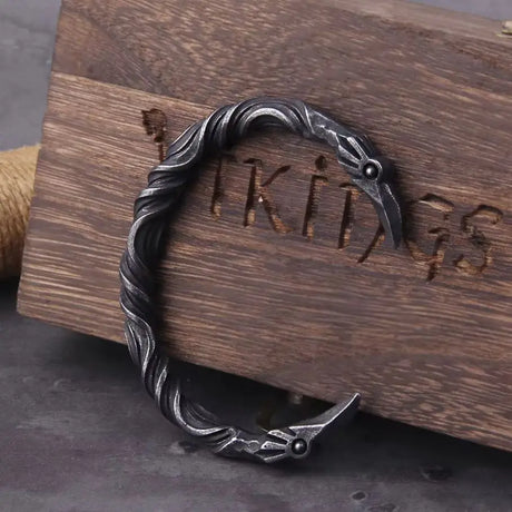 Stainless Steel Nordic Viking Norse Raven Cuff Bangle Mens Gift with Wooden Box