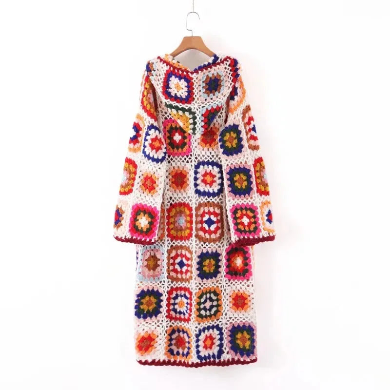 Granny Square Hand Crochet Mohair Hooded Long Cardigan