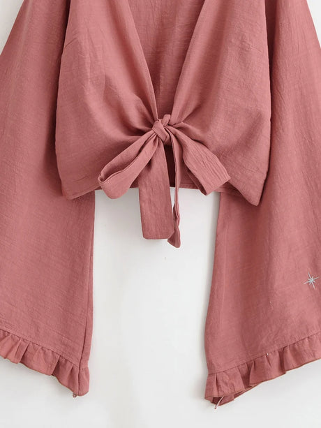 Boho Star Moon Embroidered Short Kimono Wrap Top Ruffled Flare Sleeves Cover-ups