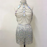 PU Leather Harness 2 Piece Set Metal Chest Chain With Tassel Sequins Mini Skirt Festival Party Club Outfits