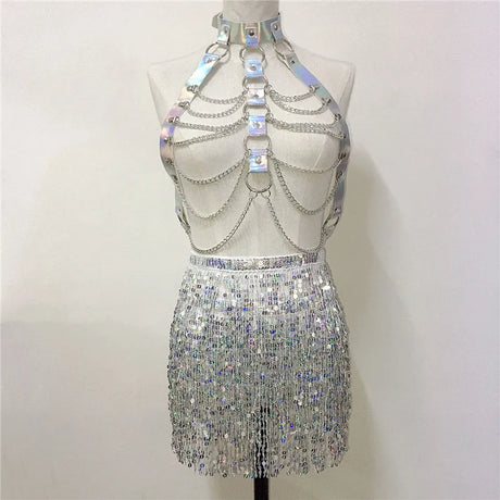 PU Leather Harness 2 Piece Set Metal Chest Chain With Tassel Sequins Mini Skirt Festival Party Club Outfits