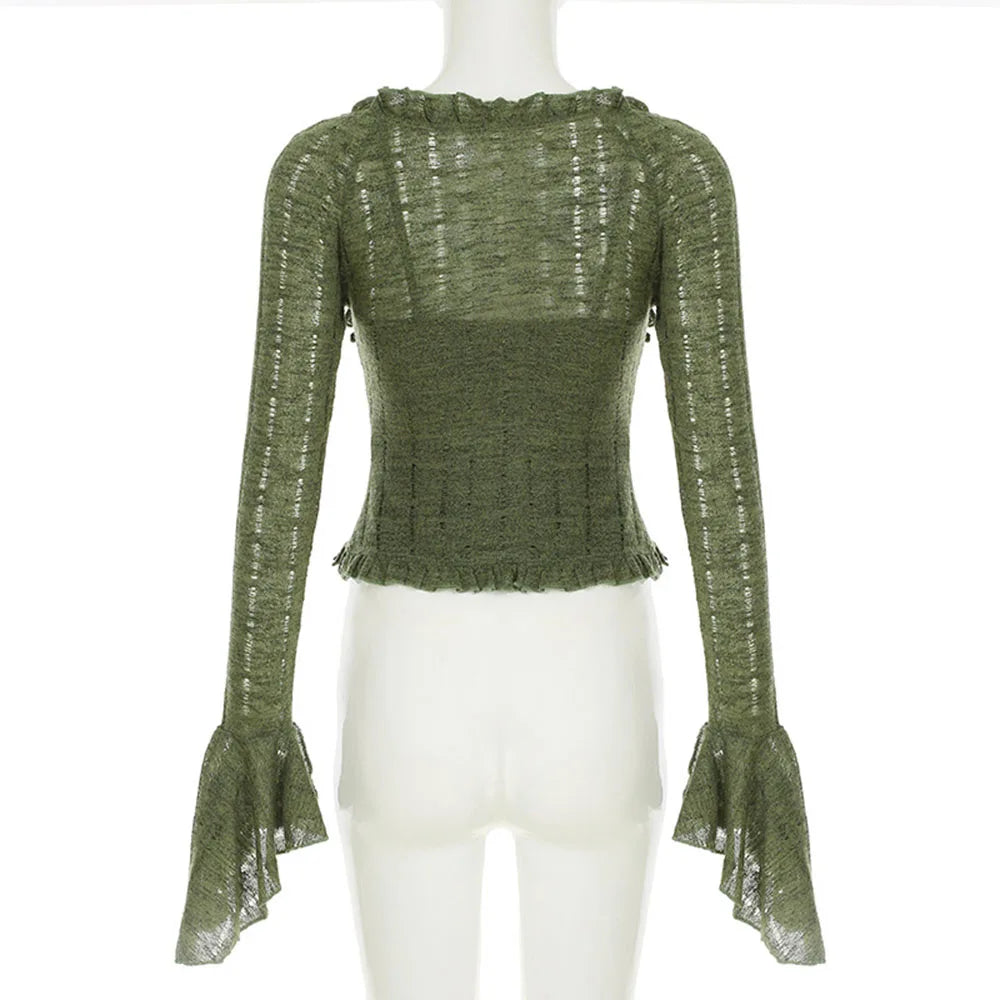 Y2k Dark Green Long Sleeved Ruffle Top Matching Skirt Goblincore
