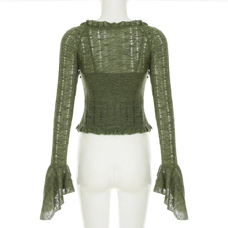 Y2k Dark Green Long Sleeved Ruffle Top Matching Skirt Goblincore
