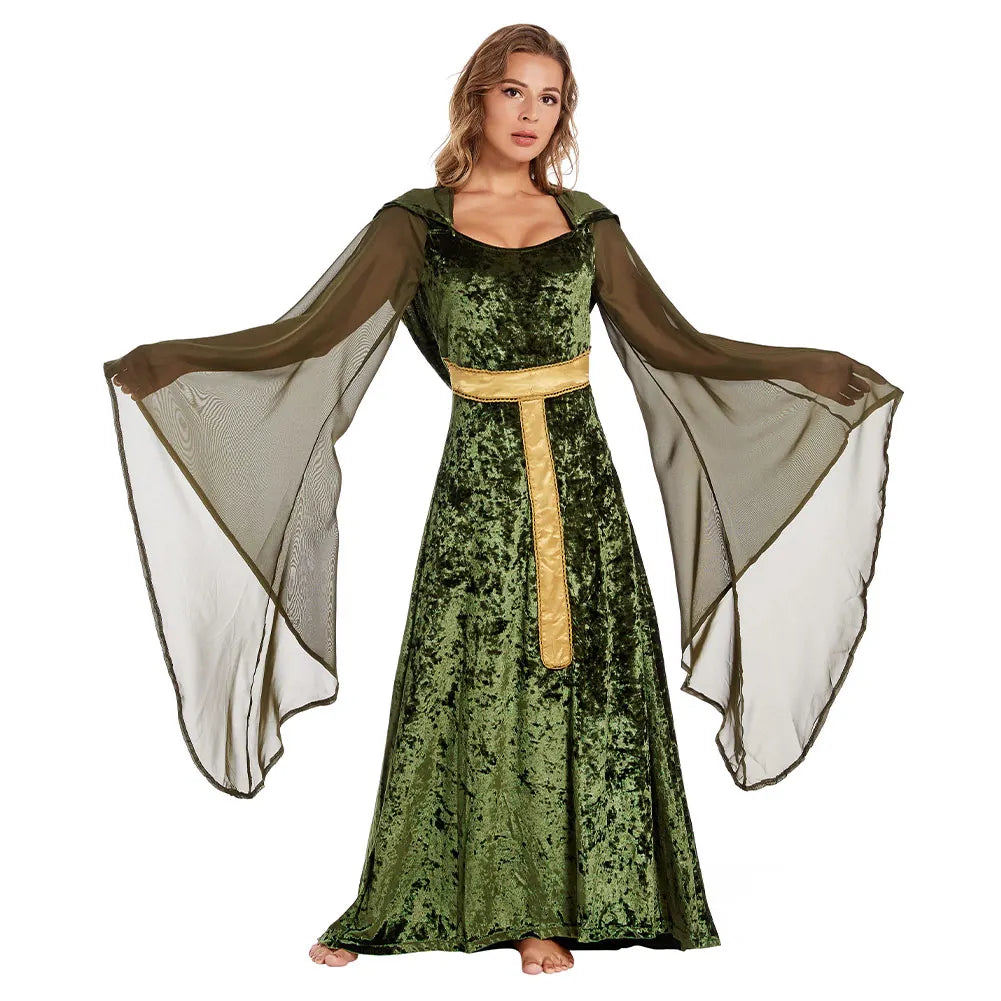 Mysterious Medieval Lady Cosplay Green Black Hooded Gown Renaissance Costume
