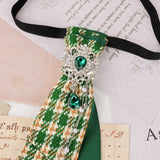 Dark Academia Jabot Plaid Short Necktie Rhinestone Brooch Pearl Chain