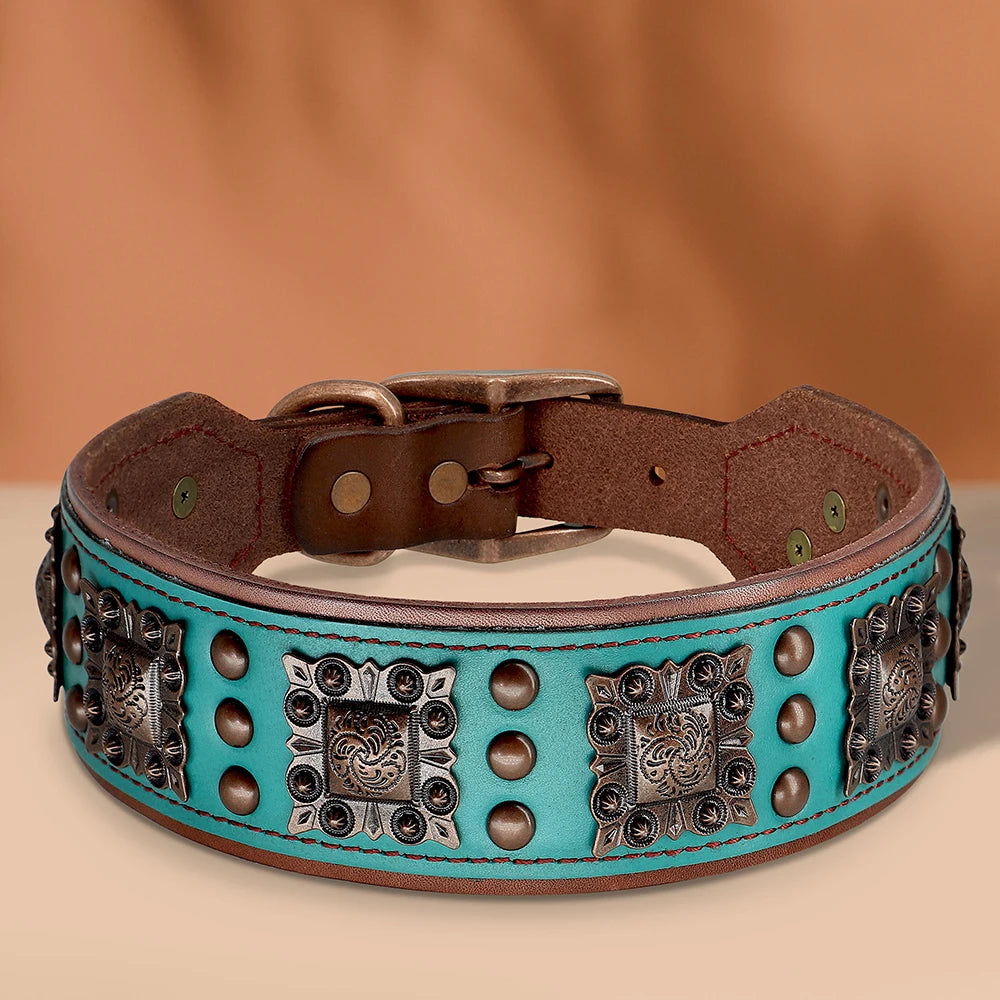 Genuine Leather Dog Collar 2inch Wide Rivet Spikes Collars for Medium Large Dogs Medieval Cosplay