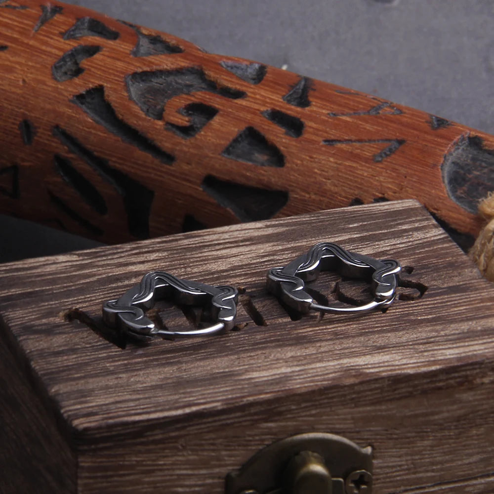 Vikings Tendril Stainless Steel Huggie Hoop Earrings for Men with Wooden Box