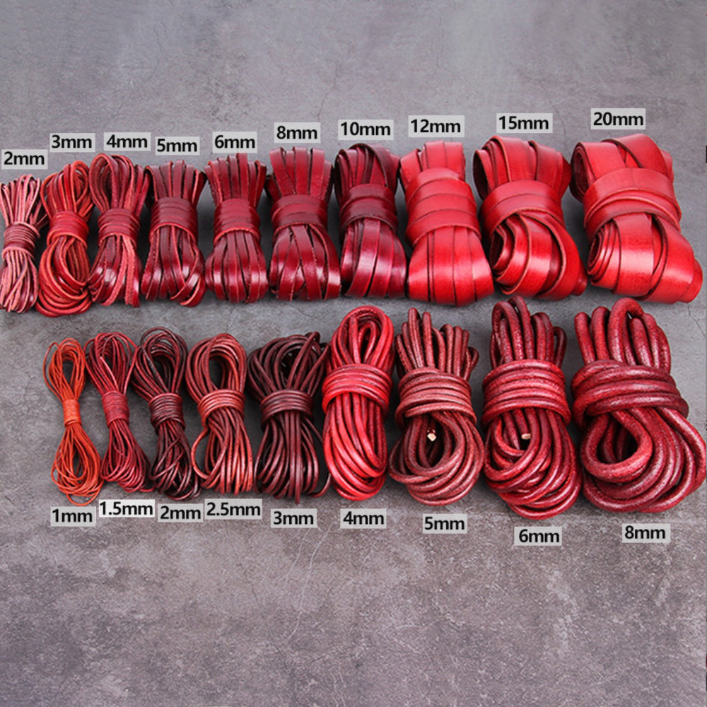 1/2/3/4/5/6/8mm 2 meter Red Coffee Genuine Leather Cord Flat/Round Rope DIY Jewellery Making