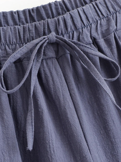 Sun Moon Embroidered Linen Cotton Baggy Pants Side Pockets Loose Yoga Wear