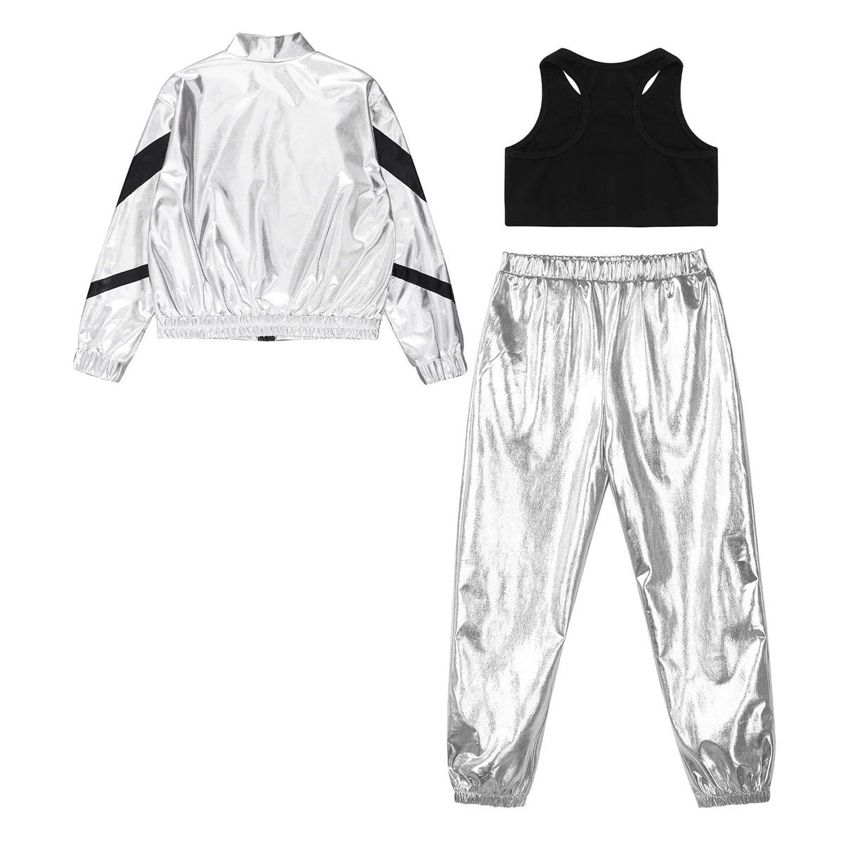 Girls Hip-hop Dance Outfit Streetwear Racer Back Tank Crop Top + Long Sleeve Jacket + Pants 3Pcs/Set
