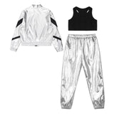 Girls Hip-hop Dance Outfit Streetwear Racer Back Tank Crop Top + Long Sleeve Jacket + Pants 3Pcs/Set
