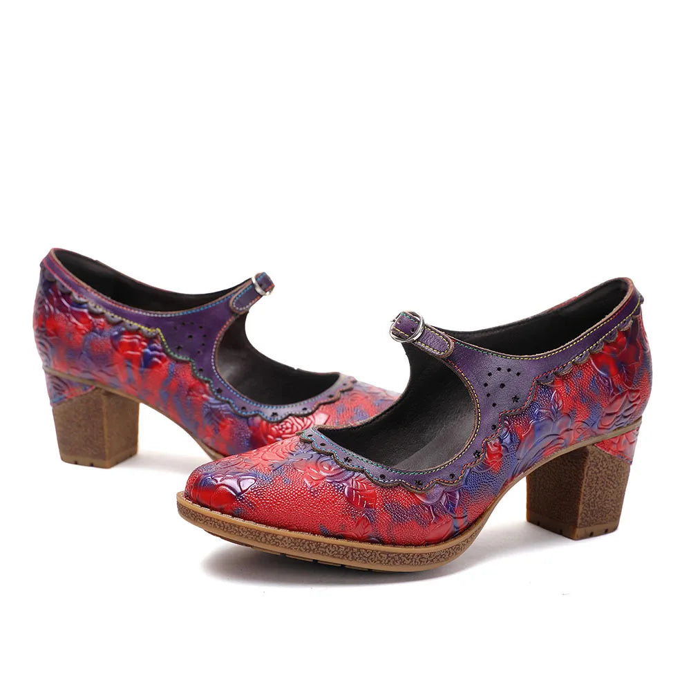 Sally's Embossed Genuine Leather Red Pump Heels Shoes