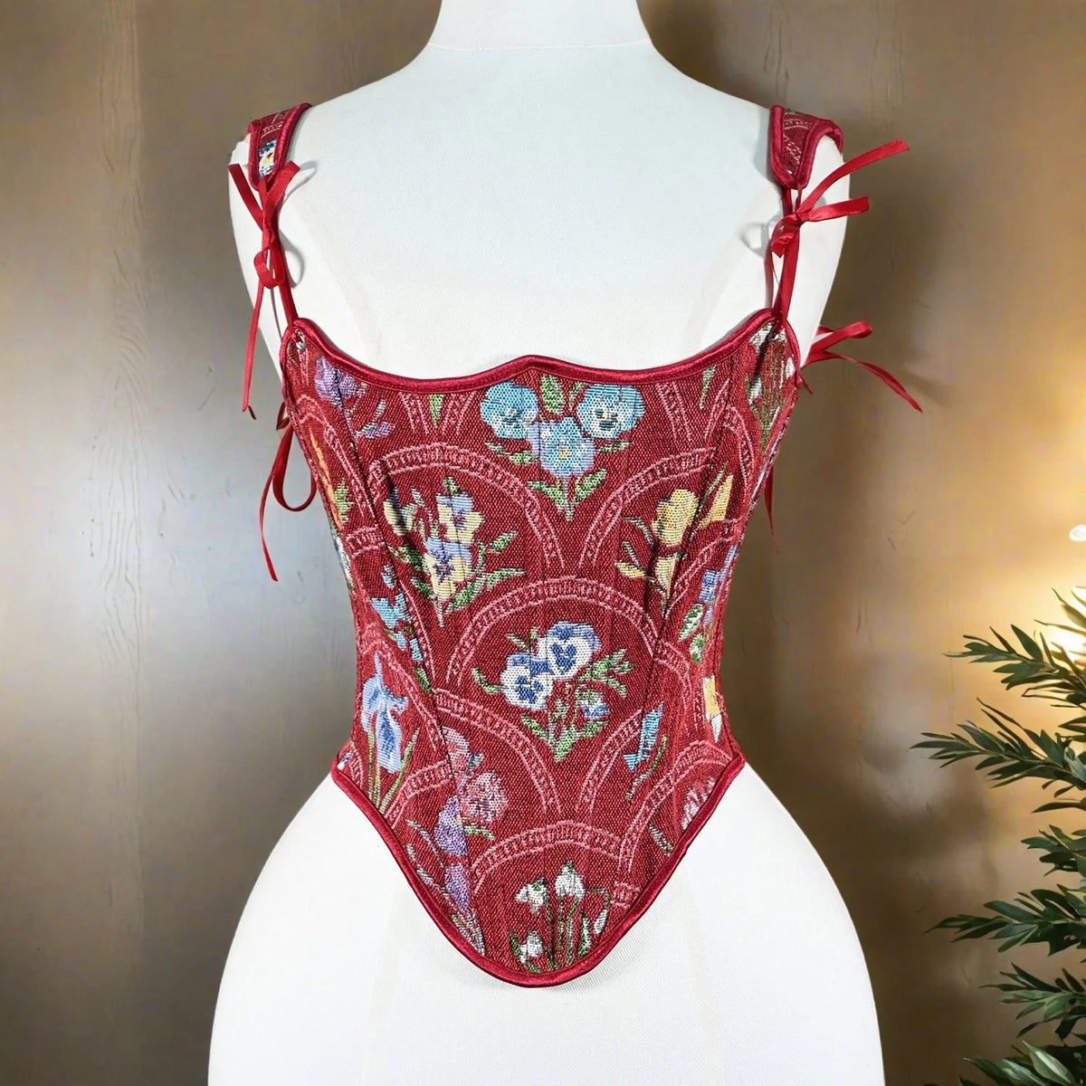 Tapestry Red Corset Overbust Lace Up Bone Bodice