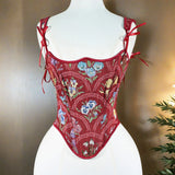 Tapestry Red Corset Overbust Lace Up Bone Bodice