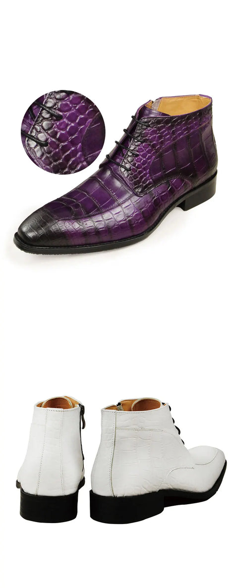 Gator Boots Pointed Toe Mens Genuine Leather Shoes White Purple Green